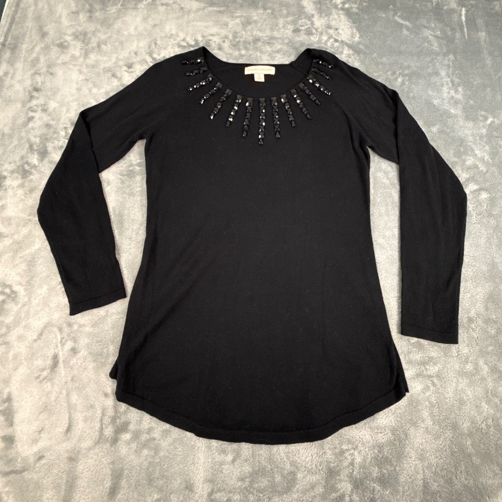 Laura Ashley Black Embellished Neckline Sweater Long Sleeve Curved Hem Small